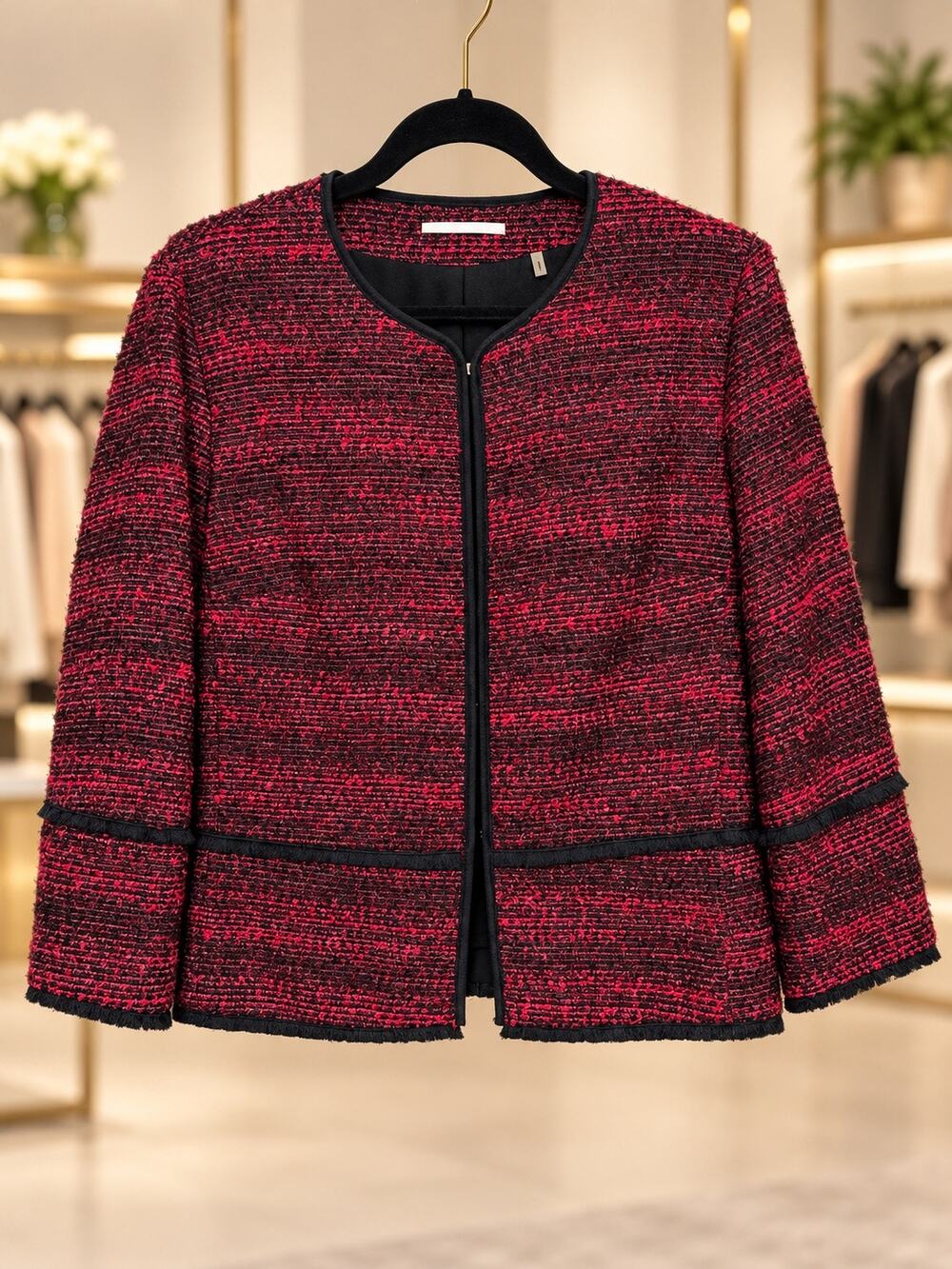 Tahari Black Red Tweed Blazer Raw Hem Fully Lined Size Large Preppy Academia